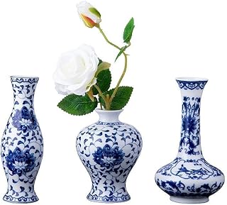 LoveCat Set of 3 Small Blue & White Porcelain Vases - Hand-Painted Chinoiserie Ceramic Flower Vases for Home Decor & Gifts