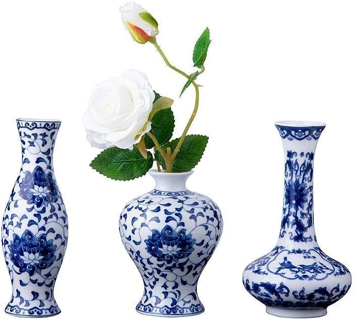 LoveCat Set of 3 Small Blue & White Porcelain Vases, Fambe Glaze Porcelain Vases Set of 3, Classic Ceramic Flower Vases for Home Décor