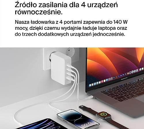 4-portowa ładowarka sieciowa GaN Belkin 140 W, ładowarka podróżna z szybkim ładowaniem USB-C Power Delivery i portem USB-A do iPhone'a, Samsunga Galaxy, Google Pixel, iPada, MacBooka, laptopa, tabletu