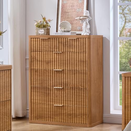 Image of LEYAOYAO Fluted 6 Drawers Dresser for Bedroom, 42 inch Tall Modern Chest of Drawers with Metal Handle,Curved Profile Design,Wood Drawer Organizer for Bedroom, Living Room, Hallway, Brown