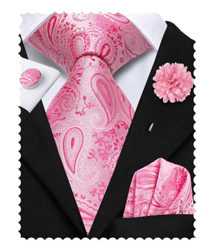 Image of Hi-Tie Paisley Pink Ties Set for Men Woven Necktie and Lapel Pin Pocket Square Cufflinks Sets Formal Business Wedding