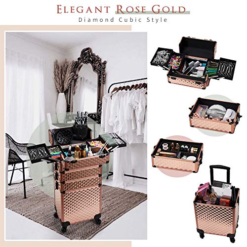 Stagiant Rolling Makeup Train Case Large Storage Cosmetic Trolley 4 in 1 Large Capacity Trolley Makeup Travel Case with Key Swivel Wheels Salon Barber Case Traveling Cart Trunk - Rose Gold