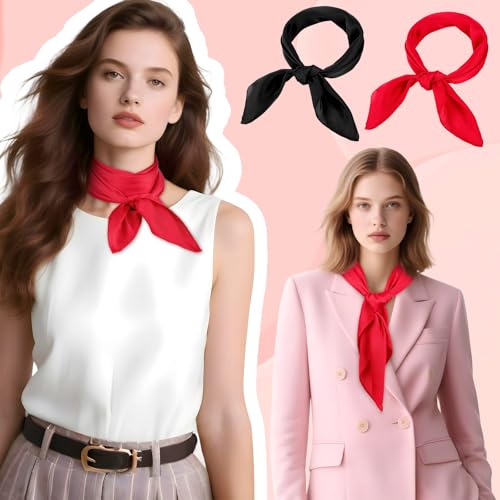 2 Pcs Black Red Neck Scarf Silk Feeling Neck Scarf for Women 26.4 Inch Satin Stylish Scarves Square Scarfs Handbag Accessories for Halloween Costume3