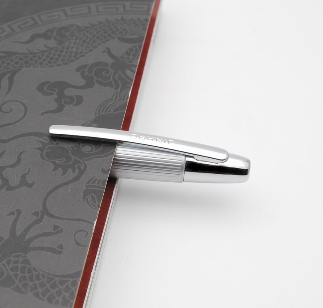 JINHAO 10 Press Fountain Pen Retractable Metal Pen with Ink Converter (Fine Nib, Silver Stripe) - Image 3