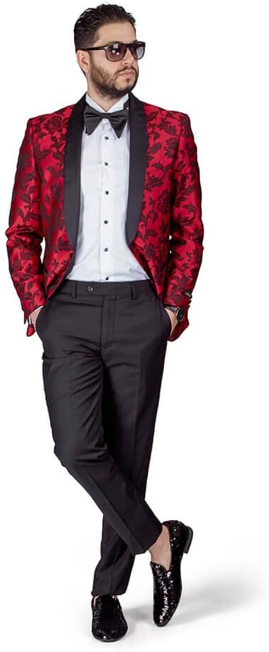 Slim Fit 1 Button Shawl Satin Collar Floral Jacket Tuxedo Black Pants by AZAR 1714