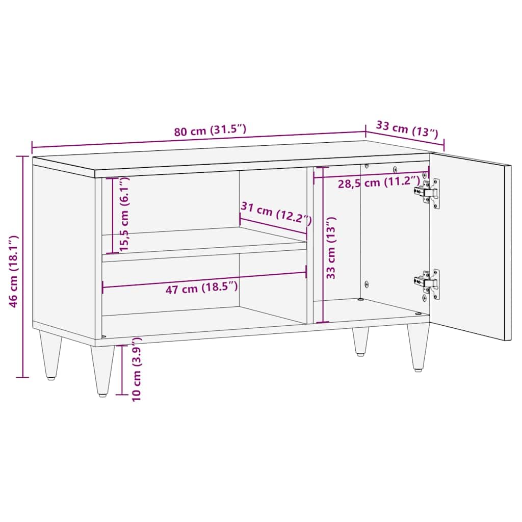 Mobile TV grigio chiaro in legno di mango massiccio, 80 x 31,5 x 46 cm, mobile basso con cassetto, scomparto e porta, per soggiorno, camera da letto, hi-fi e videogiochi