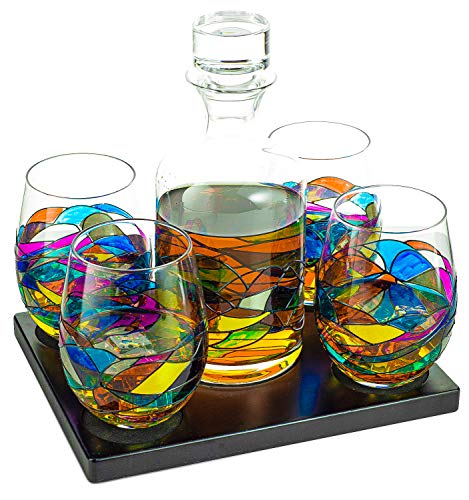 Artisanal Hand Painted Glassware Gift For Mom, Wife, Friend - Artisanal Barcelona Hand Painted Whiskey & Wine Decanter Set, Rennesance Romantic Stain-Glassed Windows Glasses - Mothers Day #TOP2