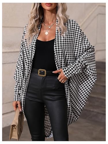 Image of SOLY HUX Women's Cardigan Houndstooth Open Front Long Sleeve Casual Fall Long Cardigans Black and White Houndstooth Small