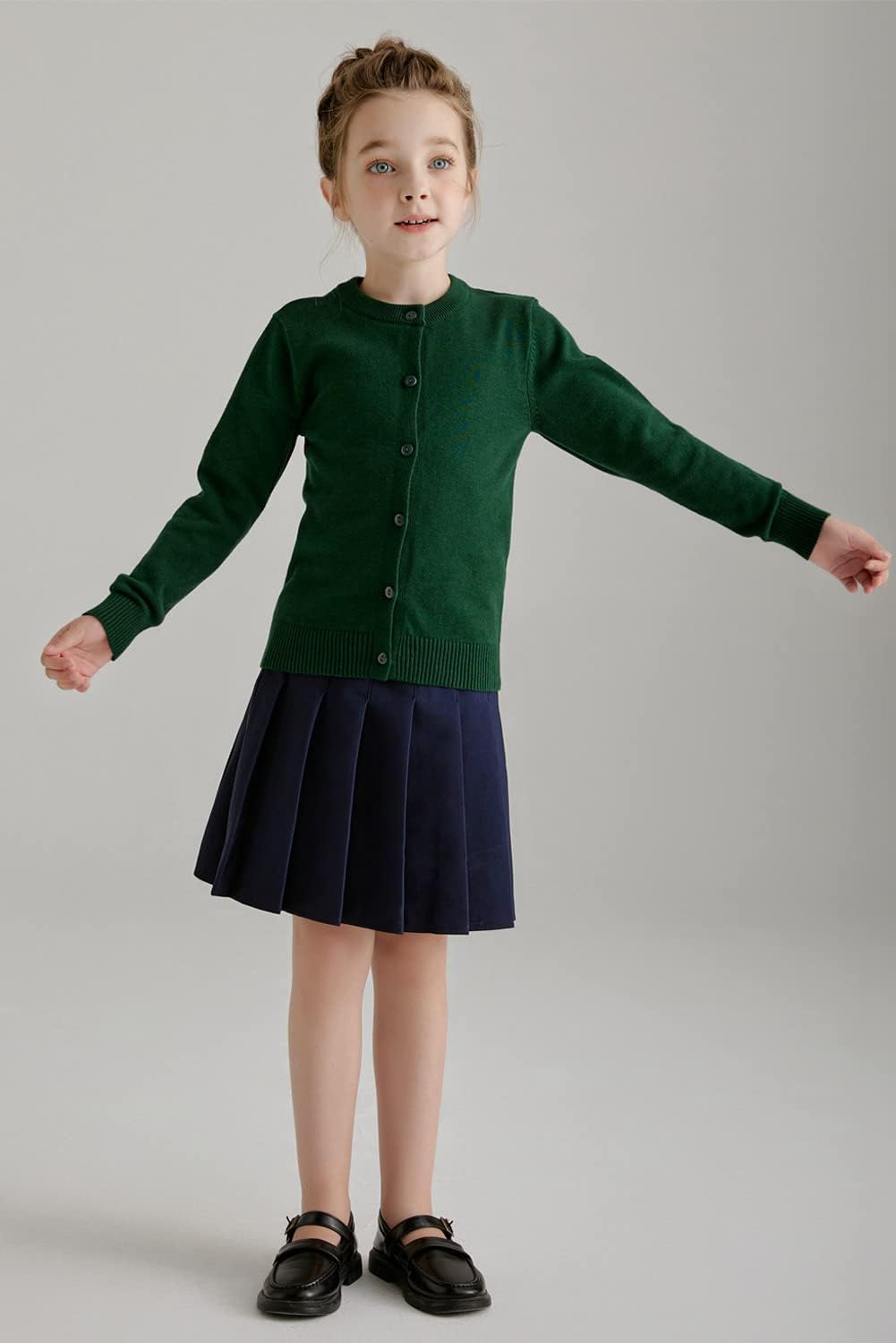 SMILING PINKER Girl School Uniform Sweater Anti-Pill Cotton Cardigan Crew Neck