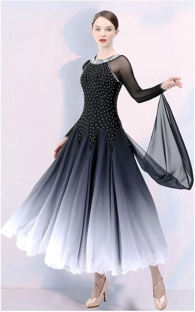 HEARTTOUCH Women's Gradient Ballroom Dance Dress Rhinestone Modern Waltz Tango Standard Dress Performance Costumes