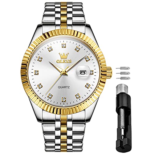OLEVS Watches for Men Analog Quartz Diamond Gold Silver Stainless Steel Big Face Date Business Luxury Dress Waterproof Luminous Two Tone Wristwatch