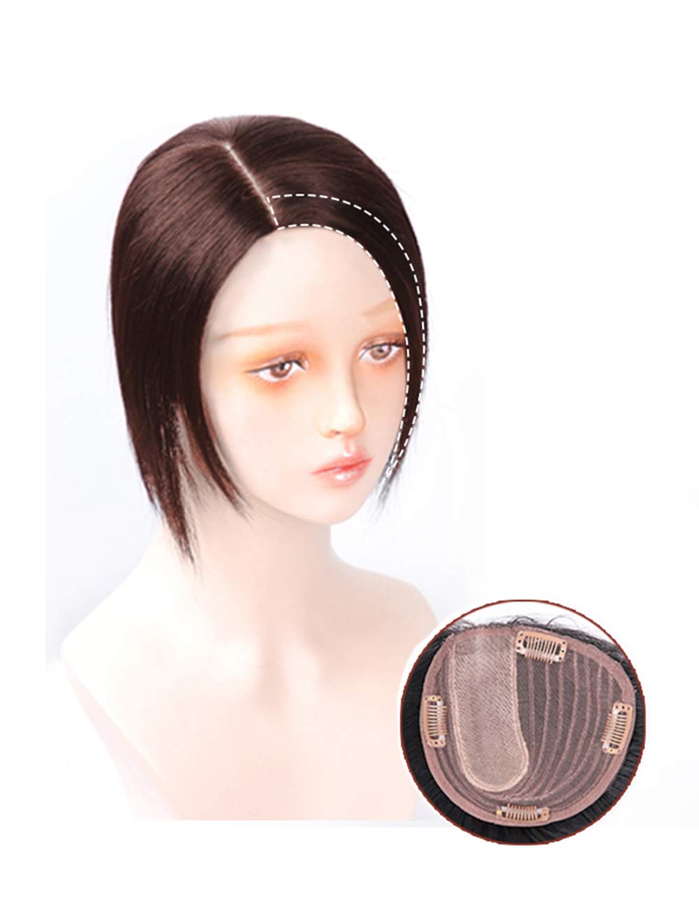 Double Lase Silk Base Part Straight Topper 13x14cm Human Hair Seamless Clip in Forehead Replacement Hairpiece Right Part/22cm, Dark Brown