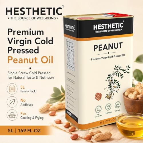 Image of HESTHETIC Cold Pressed Peanut (Groundnut) Oil 5L Family Pack | Pure Moongfali Ka Tel | Unrefined High-Smoke-Point Cooking Oil, Rich in MUFA | Ideal for Indian Kitchen