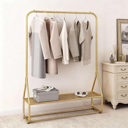 IRNCLD Gold Clothes Rack with Storage Shelf, Space-Saving Metal Garment Rack for Hanging Clothes, Freestanding Organizer for Bedroom, Small Apartments, Laundry Room, Entryway, Closet by IRNCLD - Used condition - US$50.83