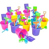 Mini Beach Bucket and Shovel Set - (Pack of 12) 3-1/4\" Mini Bucket Party Favor Sand Box Play Set and Mini Beach Sand Pail Includes, Shovel, Rake, Scoop Beach Sand Toy for Birthday or Mermaid Theme