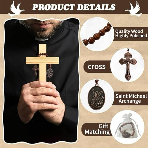 Image of Bovemee Saint Benedict Medal Prayer Pocket Rosary Catholic Brown Wood Beads with Medalla de san benitol and Crucifix, 9 Inch