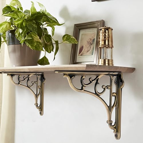 Image of GHAR DWAR Metal Handcrafted Shelf Bracket for Floating Shelves L Angle Decorative L Shaped Corner Brace Joint Heavy Duty Wall Mounted Shelf Supporter Brace Holder (Brass Antiq, Pack of 2)