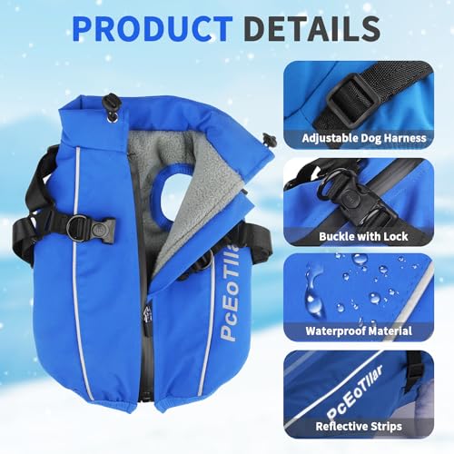 PcEoTllar Hundejacken Wasserdicht für Winter, Reflektierend Hundemantel mit Geschirr für Kleine Hunde, Welpe Warme Jacke Hundepullover, Hundejacke Winddichtes für Kaltes Wetter, Blau-M