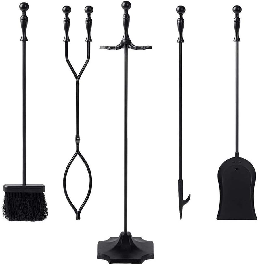 5 PCS Fireplace Tools Set with Handles, Modern Fire Place Accessories Tools Holder, for Outdoor Indoor Chimney, Hearth, Stove, Firepit