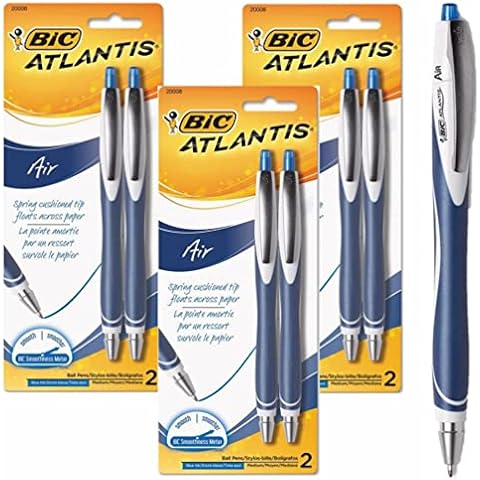 6 x Bic Atlantis Air Retractable Ballpoint Pens, Full Length Grip & Cushioned Spring Tip That Floats Across Paper for Ultra Smooth Writing! (Blue Ink) Cover