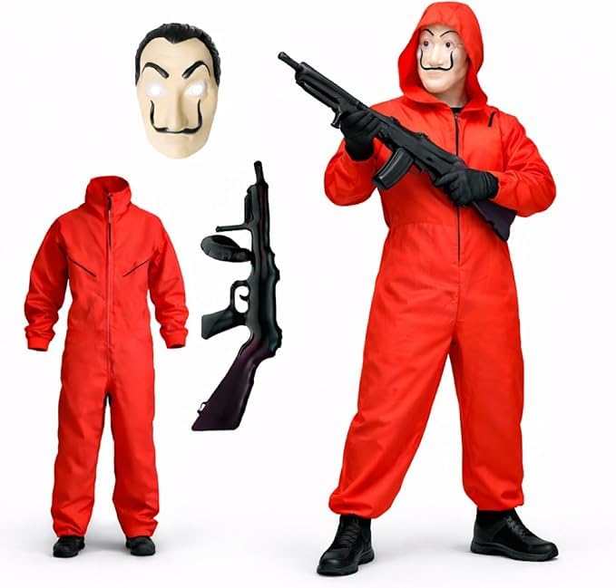 Conjunto de fantasia de Dali - conjunto 3 em 1 - com máscara Dalí, macacão vermelho unissexo, rifle insuflável para Halloween, carnaval como disfarce para homens e mulheres (180 - 200 cm)