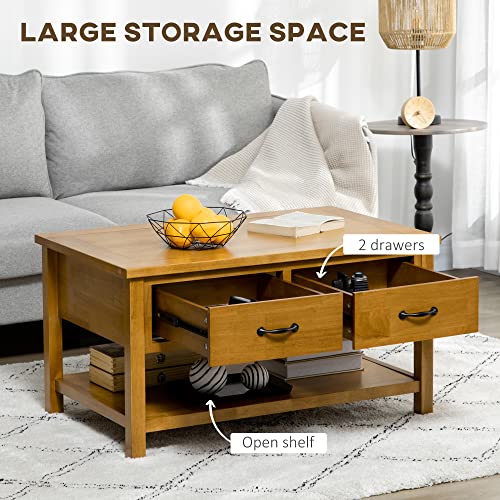 Homcom Rustic Coffee Table With Drawers, 2 Tier Wooden Coffee Table Living Room Furniture, Cocktail Table Storage-Equipped Tv Dinner Table, Natural #TOP3