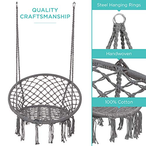 Best Choice Products Handwoven Cotton Macramé Hammock Hanging Chair Swing For Indoor & Outdoor Use W/Backrest, Fringe Tassels, 265 Pound Capacity - Gray #TOP4