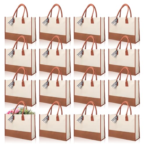 Reginary 12 Pack Canvas Tote Bags Initial Classic Present Personalized Canvas Beach Bag for Wedding, Birthday, Beach(Brown and White)