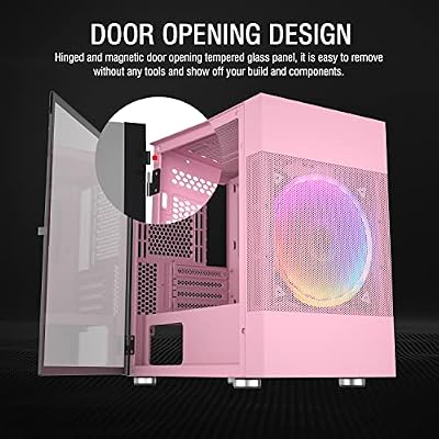 Vetroo M01 Compact Micro ATX Mini ATX Gaming Pc Case, Front 200mm Rainbow Fan Pre-Installed, Door Opening Tempered Glass Side Panel, Mini Tower Pink Mesh Computer Case