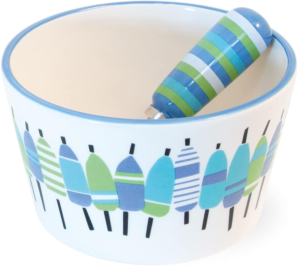 Boston International Ceramic Bowl and Stainless Steel Spreader, 4.5 x 2-Inches, Fall All Over