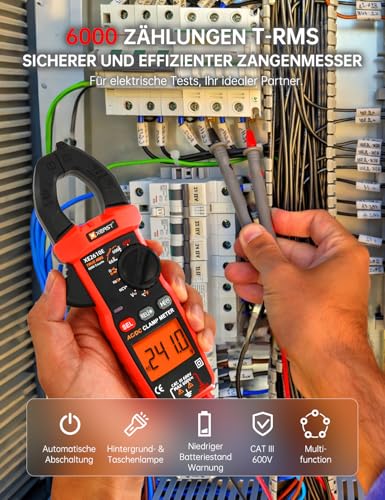Inrush Digital Zangenmessgerät, TRMS Multimeter 6000 Zählungen, Auto-Ranging, misst AC/DC Strom, Spannung, Kapazität, NCV, Frequenz, Live Wire, Widerstand, Diode, Durchgang – AC/DC Stromzange