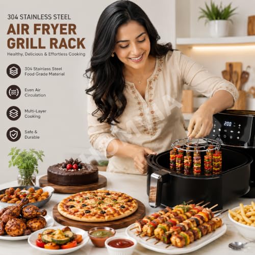 Image of 304 Stainless Steel Air Fryer Grill Rack, 4.2 inch Round Wire BBQ Rack with 24 Skewers, Durable Cooking & Roasting Rack for Air Fryers, Ovens, Grills & Outdoor BBQ