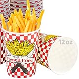 Durable Grease-Proof Paper French Fries Cups 250 Pack. Handheld Size Sturdy Red Checkered Fry Containers Hold 12 oz of Food ! Great for Movie Nights, Party Meals, Carnival Snacks and Food Trucks!