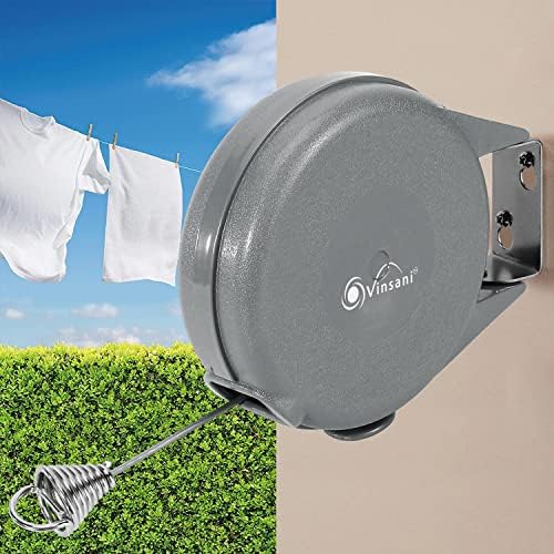 Vinsani 15 Metre Retractable Reel Clothes Lines Washing Line Wall Mounted Heavy Duty Clothes Dryer 15m Line of Drying Space Indoor Outdoor Extendable Portable Clothesline Pulley Kit - Grey