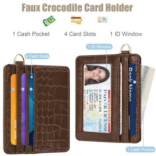 Image of Slim Credit Card Holder Crocodile Wallet Women Thin Wallets | Alligator Print RFID Blocking Minimalist Lightweight Pocket Small Cute Cards Holders ID Window, Coffee Croc
