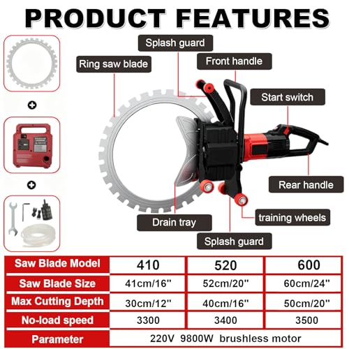 Sierra Circular eléctrica sin escobillas de 9800 W para hormigón con Suministro de Agua y Control de Polvo. Incluye Hojas de Titanio de 16, 20 y 24 Pulgadas para Cortar Granito (410+600)