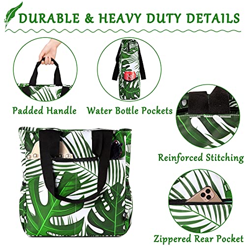Vaschy Beach Tote Bag For Women, Lightweight Water Resistant Fold-Able Large Pool Tote Bag W Zipper For Vocation Cute Leaves #TOP3