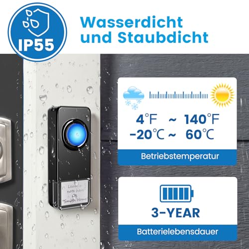 WIFI Türklingel Funk, Funkklingel Aussen Wasserdicht Kompatibel mit Smartphone App, 0-110dB Laute Klingel Haustür mit 32 Melodien, Doorbell mit Fernbenachrichtigung, Haustürklingel mit LED-Blitz