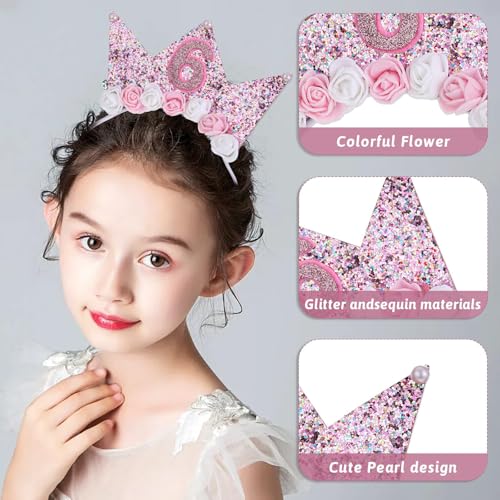 Shirene Couronne d'anniversaire,Bandeau d'anniversaire pour Enfants de 3 Ans,Bandeaux Brillants à Paillettes Couronne Princesse pour Fille Guirlande d'anniversaire pour Enfants avec Fleurs – vue 3