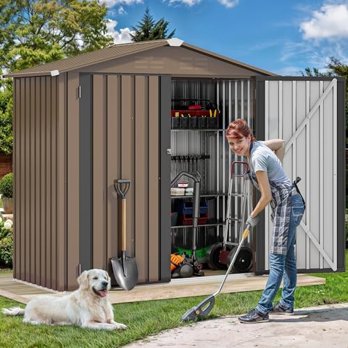 Image of DWVO 6x4ft Outdoor Storage Shed, Lockable Metal Tool Storage Sheds, Waterproof Garden Sheds with Vents for Backyard, Patio, Garage, Lawn, Brown