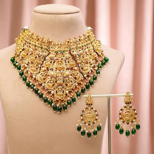 Image of Rubans Gold Plated Temple Necklace Set Traditional Statement Jewellery Gift for Women & Girls