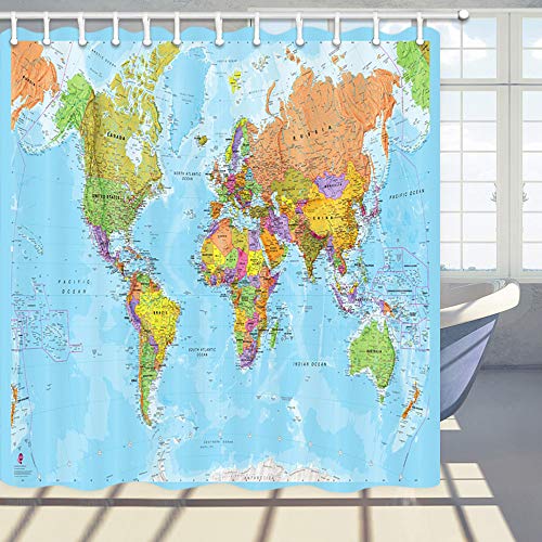Jawo World Map Shower Curtain For Bathroom, Educational Geography Countries Capital Cities Bathroom Curtain, Polyester Fabric Bath Curtains With Hooks Washable 69W X 70L Inches #TOP1