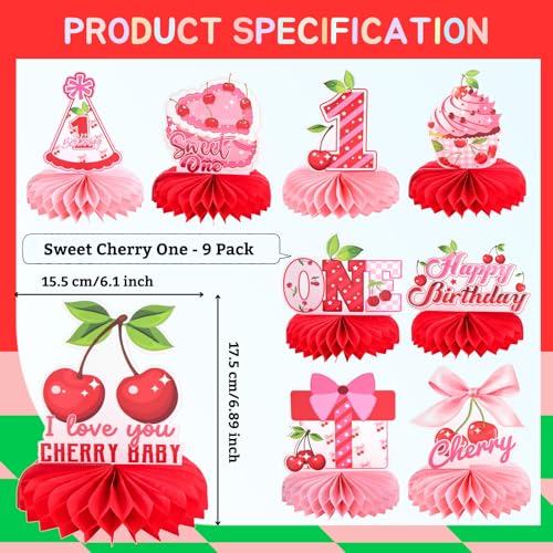 Image of 9pcs Cherry On Top Honeycomb Centerpieces First Birthday Party Table Decorations Sweet ONE Cherry Tabletop Centerpieces for Baby Shower One Year Birthday Cherry Table Topper Sign Decorations