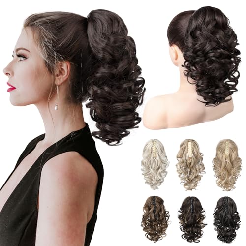REECHO Ponytail Extension, 12" Classic Loose Curly Wavy Claw Clip Ponytail Wig Extensions Hairpieces for Women - Cool Dark Brown