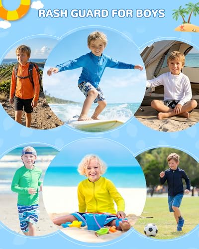 Image of Runhit Boys UPF 50+ Rash Guard Long Sleeve Zip Up 2T to Youth UV Sun Protection Shirt for Beach Surf Fish Quick Dry