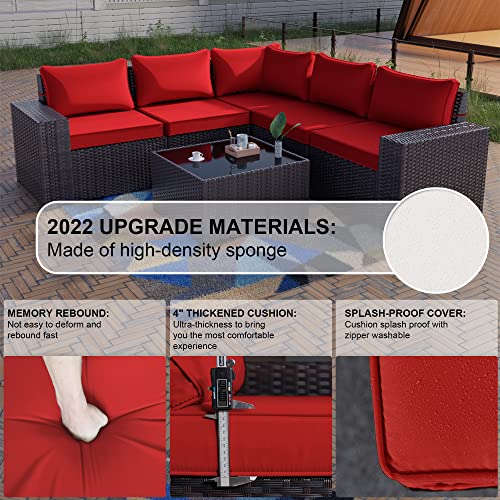 Kullavik Outdoor Patio Furniture Set 6 Pieces Sectional Rattan Sofa Set Brown PE Rattan Wicker Patio Conversation Set with 5 Seat Cushions and 1 Tempered Glass Table, Red - Thumbnail 2