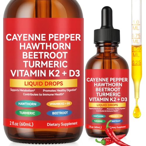 Cayenne Pepper Drops Liquid Cayenne Pepper Organic Cayenne Health Supplements Cayenne Pepper Hawthorn Beet Root Turmeric Curcumin Vitamin K2 & D3 Vegan-Friendly- 2 Fl Oz