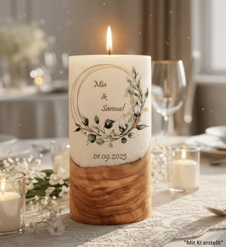 Hochzeitskerze "Eukalyptus wild". - Hochzeitskerze mit echten Holz und versiegelte Wachsoberfläche. (Teelicht, D/H = 8 x 25 cm)