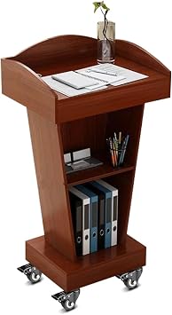 Wooden Podium with 4 Lockable Wheels, Steady Floor Standing Speaking Lectern Stand, Portable Podium Stand Reception Desk, Wood Rolling Lecture Podium Pulpit for Churches Classrooms Speeches
