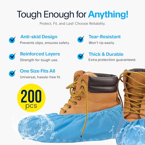 Image of Blue Shoe Guys Premium Disposable Boot & Shoe Covers Booties | 200 Pack | Durable, Non-Slip, Non-Toxic, Water Resistant, Recyclable Protectors for Indoor & Outdoor | Large Size Fits Most Shoes